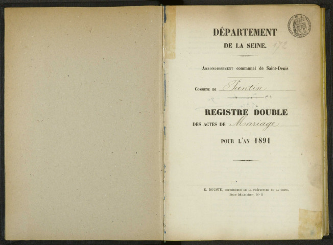 Commune de Pantin : registre des actes de mariage.
