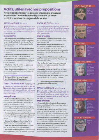 Élections départementales des 22 et 29 mars 2015. - Canton Pantin-Le Pré-Saint-Gervais, premier tour : tract « Agissons rassemblés pour la justice sociale et l'écologie pour tous » de la Gauche sociale, écologiste et citoyenne unie pour la Seine-Saint-Denis.