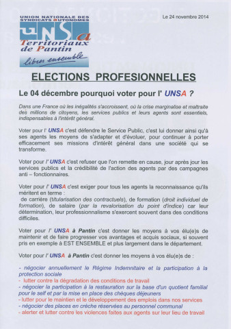 Élections professionnelles du 4 décembre 2014 dans la fonction publique territoriale. - Union nationale des syndicats autonomes (UNSA) Territoriaux de Pantin : tract « Le 4 décembre pourquoi voter pour l'UNSA ? ».