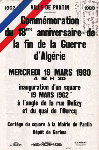 Commémoration de la fin de la guerre d'Algérie et inauguration du square du Dix-Neuf-Mars-1962 : affiche.