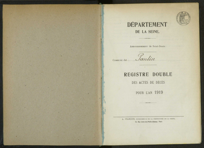 Commune de Pantin : registre des actes de décès.