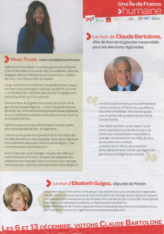 Élections régionales des 6 et 13 décembre 2015. - Premier tour : tract « Je veux que la région permette à Pantin de poursuivre sur le chemin de la réussite » de la liste conduite par Claude Bartolone.