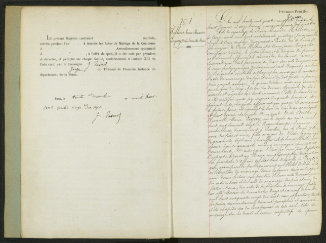 Commune de Pantin : registre des actes de mariage.