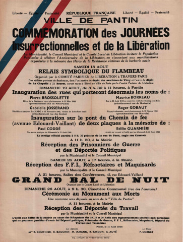 Commémoration des journées insurrectionnelles et de la Libération : affiche.