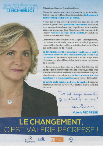 Élections régionales des 6 et 13 décembre 2015. - Second tour : profession de foi et bulletin de vote de la liste L'alternance avec Valérie Pécresse.
