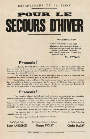 Département de la Seine, « Pour le Secours d´hiver » : affiche.