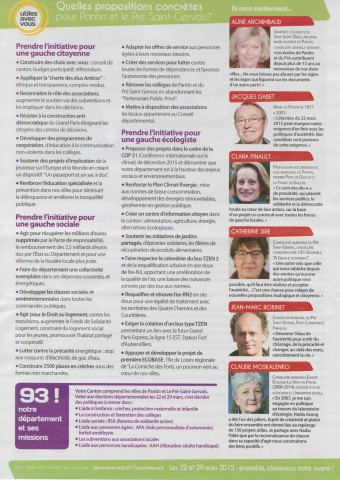 Élections départementales des 22 et 29 mars 2015. - Canton Pantin-Le Pré-Saint-Gervais, premier tour : profession de foi et bulletin de vote de la Gauche sociale, écologiste et citoyenne unie pour la Seine-Saint-Denis.