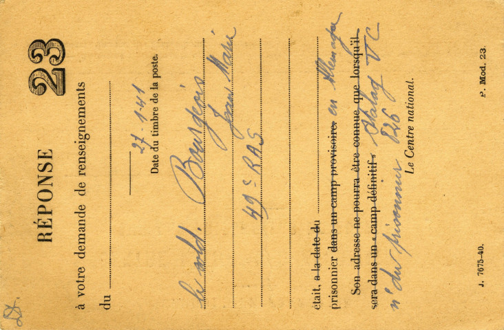 Centre national d'information sur les prisonniers de guerre : réponse à une demande de renseignements sur le soldat Jean-Marie Bourgeois (27 janvier 1941).