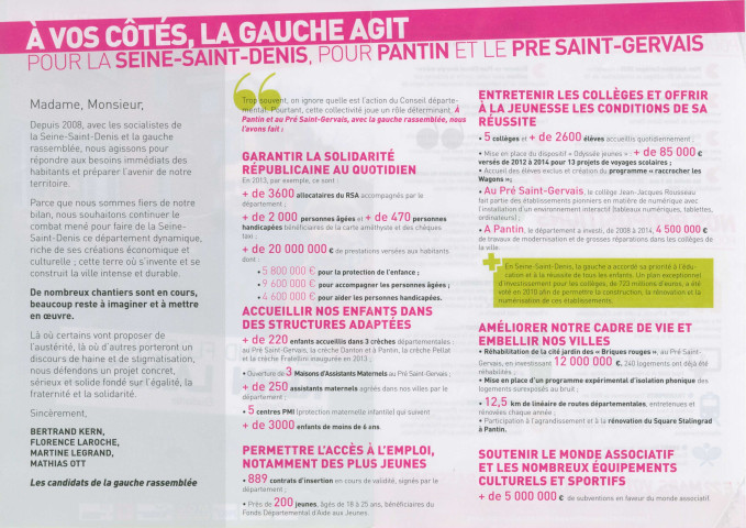 Élections départementales des 22 et 29 mars 2015. - Canton Pantin-Le Pré-Saint-Gervais, premier tour : tract « À vos côtés, la gauche agit pour la Seine-Saint-Denis, pour Pantin et le Pré-Saint-Gervais » de la Gauche rassemblée pour Pantin et le Pré.