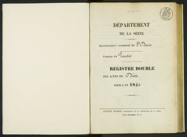 Commune de Pantin : registre des actes de décès.