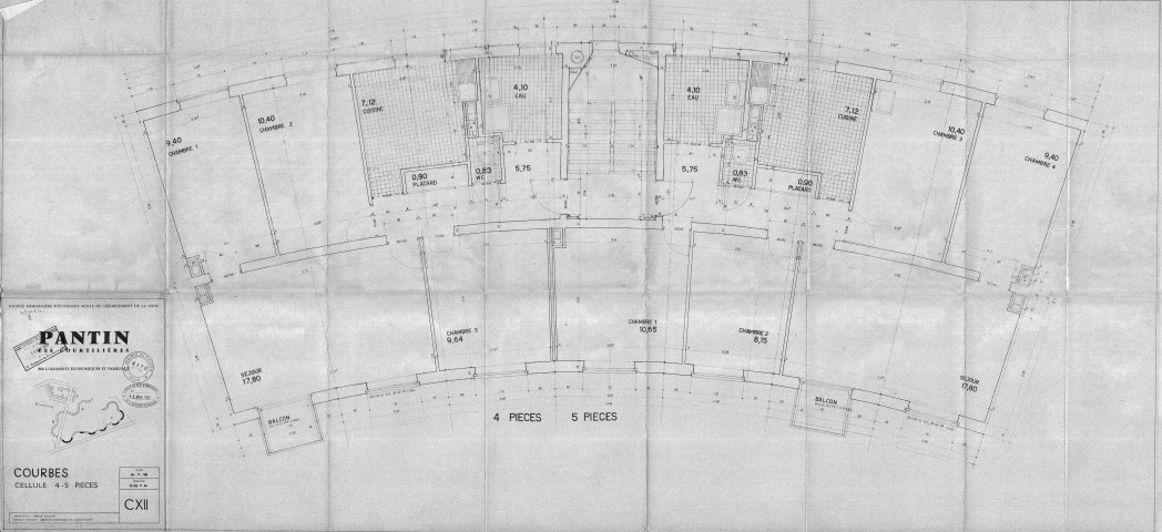 Les Courtillières. - 800 logements économiques et familiaux, projet de construction par la Société immobilière d'économie mixte du département de la Seine : plans de cellule 4-5 pièces dans les courbes du Serpentin.