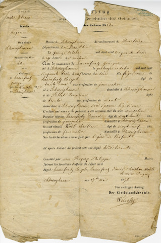 Naissance de Georges Hasenfratz [grand-père de Roger Hasenfratz] le 14 octobre 1853 : ampliation d'acte.