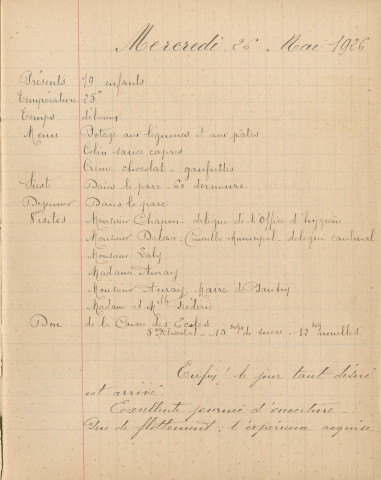 Suivi pédagogique des élèves. - Vie scolaire : journaux de bord de l'école (1926, [1931], 1938), emplois du temps ([2000]-2003). Palmarès scolaires, distribution de prix aux élèves : listes, cahiers illustrés (1931-1974). Évaluations des compétences des élèves : rapports, comptes rendus, tableaux récapitulatifs, fiches individuelles issues de l'application « J'ade » (1994-2004).