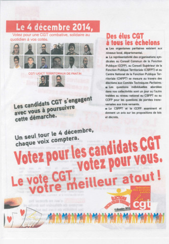 Élections professionnelles du 4 décembre 2014 dans la fonction publique territoriale. - Confédération générale du travail (CGT) et Union générale des ingénieurs, cadres et techniciens (UGICT) Territoriaux de Pantin : tract « Le vote CGT, votre meilleur atout ! ».