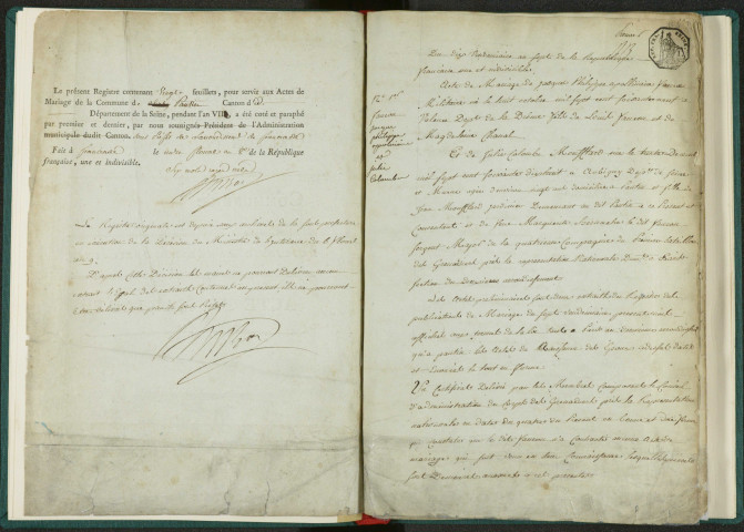 Commune de Pantin : registre des actes de mariage et divorce (an VII-an X).