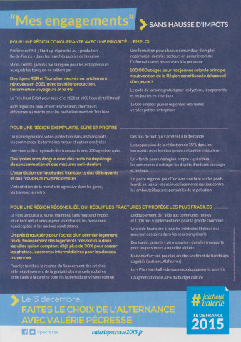 Élections régionales des 6 et 13 décembre 2015. - Premier tour : profession de foi et bulletin de vote de la liste L'alternance avec Valérie Pécresse.