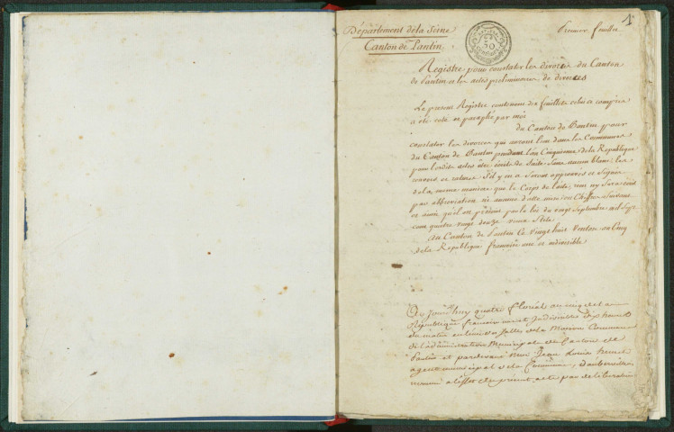 Commune de Pantin : registre des divorces (an V-an VIII).