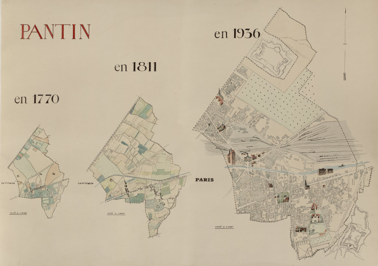 Plans représentant Pantin en 1770, 1811 et 1936