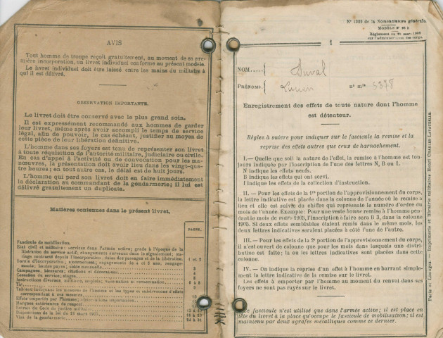 Livret militaire de Lucien Duval, canonnier au 32e régiment d'artillerie.