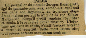 Décès accidentiel de Georges Hasenfratz [grand-père de Roger Hasenfratz], demeurant 2 rue Sainte-Marguerite : coupure de presse.
