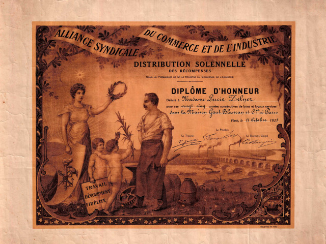 Alliance syndicale du commerce et de l'industrie, récompense de Lucie Zelner pour vingt-cinq années consécutives de service dans la maison Gaut-Blancan et compagnie : diplôme d'honneur.