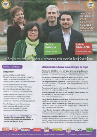 Élections départementales des 22 et 29 mars 2015. - Canton Pantin-Le Pré-Saint-Gervais, premier tour : tract « Agissons rassemblés pour la justice sociale et l'écologie pour tous » de la Gauche sociale, écologiste et citoyenne unie pour la Seine-Saint-Denis.