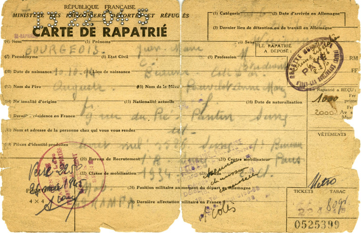 Retour du prisonnier de guerre Jean-Marie Bourgeois : fiche de transport, carte de rapatrié.