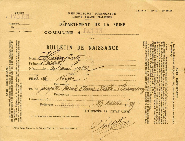 Naissance de Michelle Hasenfratz [fille de Roger Hasenfratz et Georgette Baudon] le 21 mai 1932 : bulletin.