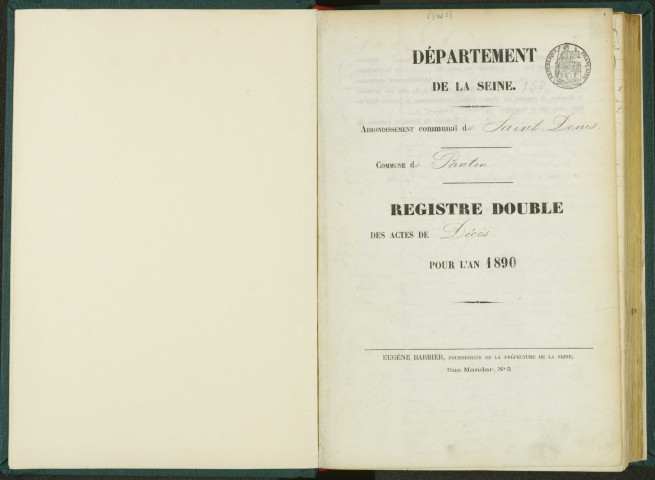 Commune de Pantin : registre des actes de décès.