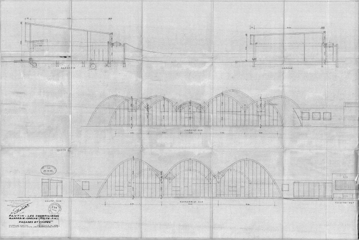 Les Courtillières. - Crèche, halte-garderie et centre de protection maternelle et infantile (PMI), projet de construction : élévations des façades et coupes (sud).
