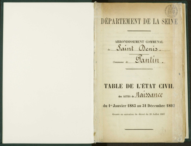 Commune de Pantin : table décennale des naissances et mariages.
