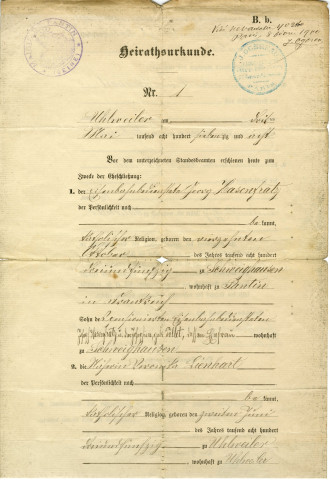 Mariage de Georges Hasenfratz et de Véronique Lienhart [grands-parents de Roger Hasenfratz] en mai 1878 : certificat.