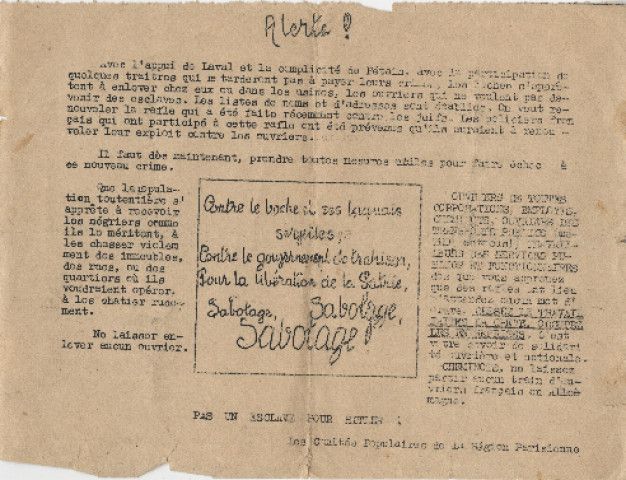 « Alerte ! Contre le boche et ses laquais serviles, contre le gouvernement de trahison, pour la libération de la patrie, sabotage, sabotage, sabotage ! » : tract des Comités populaires de la région parisienne.