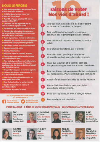 Élections régionales des 6 et 13 décembre 2015. - Premier tour : profession de foi et bulletin de vote de la liste Nos vies d'abord !.