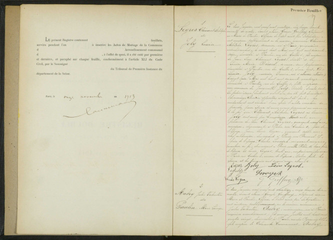 Commune de Pantin : registre des actes de mariage.