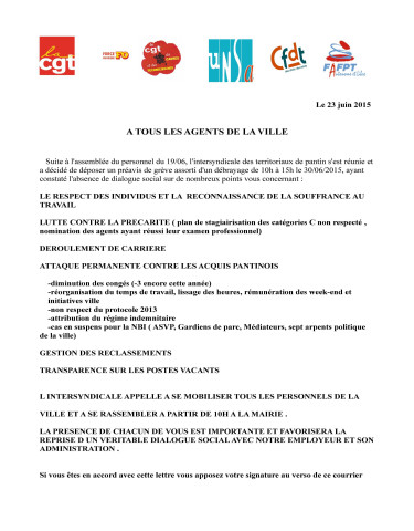 Respect des individus et reconnaissance de la souffrance au travail, lutte contre la précarité, déroulement de carrière, attaque permanente contre les acquis, gestion des reclassements, transparence sur les postes vacants : tract de l'intersyndicale des territoriaux de Pantin.