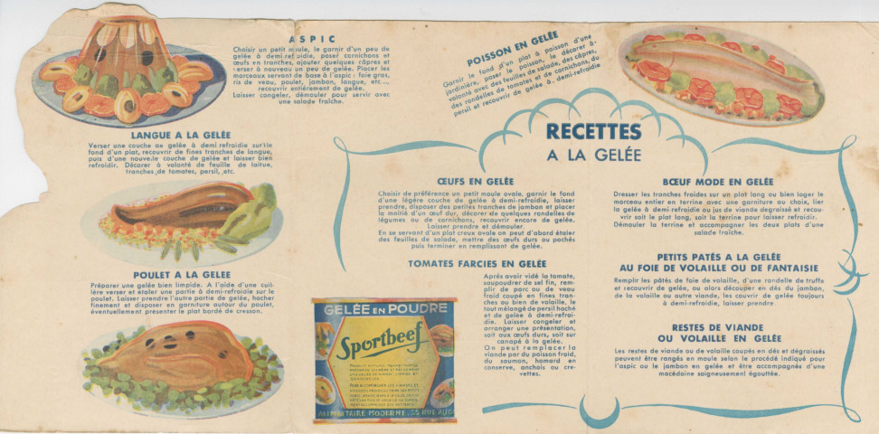 Gelée en poudre "Sportbeef" produite par la Société alimentaire moderne sise 35 rue Auger à Pantin : dépliant publicitaire cartonné.