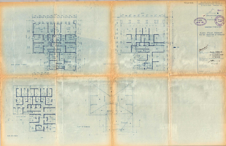 99, rue de Paris. - Construction de 27 appartements, projet : plans de l'étage courant, du rez-de-chaussée et de la terrasse.