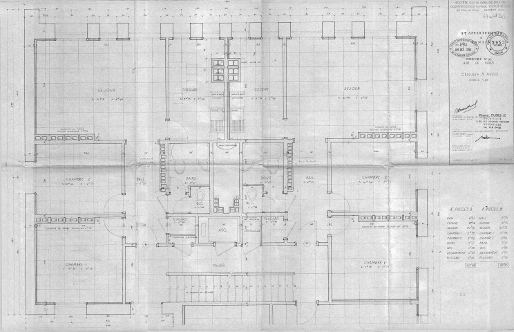 99, rue de Paris. - Construction de 27 appartements, projet : plan des cellules 3 pièces.