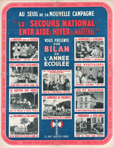 « Au seuil de sa nouvelle campagne le Secours national entr´aide d´hiver du Maréchal vous présente son bilan de l´année écoulée » : affiche.