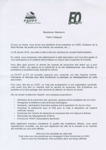 Élections du conseil d'administration du Comité d'activités sociales et culturelles (CASC) de la ville de Pantin le 28 janvier 2016 : profession de foi de la liste de la Fédération autonome de la fonction publique territoriale (FA-FPT) et de Force ouvrière (FO).