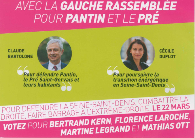 Élections départementales des 22 et 29 mars 2015. - Canton Pantin-Le Pré-Saint-Gervais, premier tour : tract « Dimanche 22 mars votez pour les candidats de la Gauche rassemblée à Pantin et au Pré » de la Gauche rassemblée pour Pantin et le Pré.