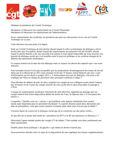Refus de prendre part aux discussions et au vote en comité technique : tract de l'intersyndicale des territoriaux de Pantin.