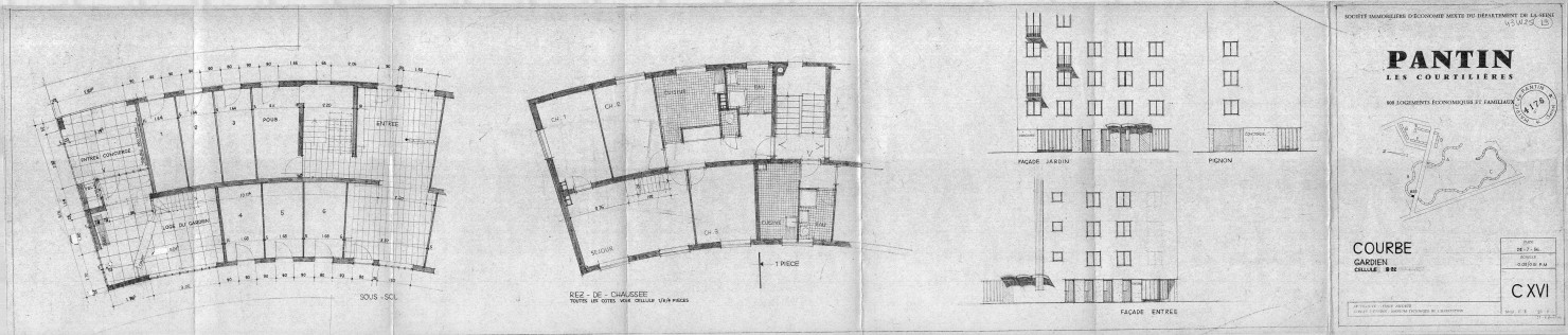 Les Courtillières. - 800 logements économiques et familiaux, projet de construction par la Société immobilière d'économie mixte du département de la Seine : plans du sous-sol et du rez-de-chaussée de la cellule B22 avec loge du gardien dans la courbe B du Serpentin, élévations des façades côtés entrée, pignon et jardin.