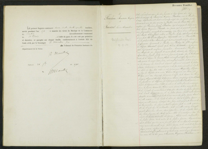 Commune de Pantin : registre des actes de mariage.