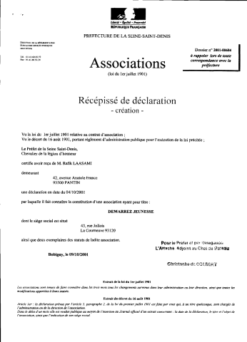 Création de l'association Démarrez jeunesse : récépissé de la préfecture.
